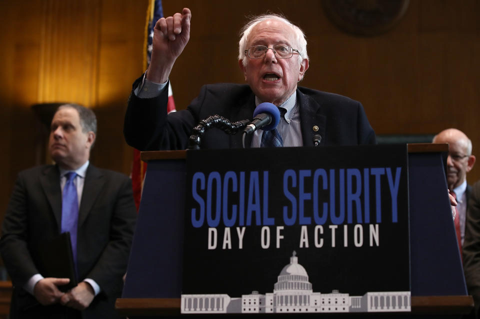 WASHINGTON, DC - FEBRUARY 16:  Sen. Bernie Sander (I-VT) speaks at a news conference on the Social Security system February 16, 2017 in Washington, DC. The news conference, hosted by Social Security Works, was held to mark &quot;the day that millionaires stop paying into Social Security for the rest of the year&quot; and to &quot;demand that the wealthiest pay their fair share into Social Security.&quot; (Photo by Win McNamee/Getty Images)