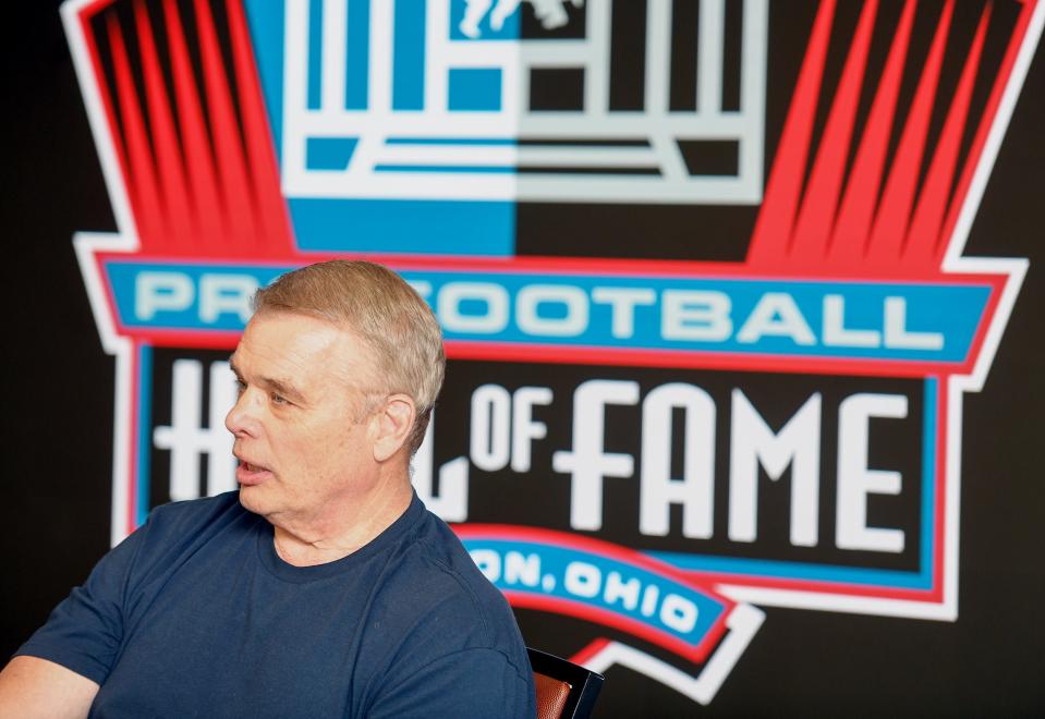 Joe Klecko answers a question at the Pro Football Hall of Fame, Thursday, March 16, 2023.