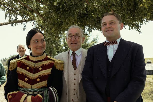 Lily Gladstone, Robert De Niro and Leonardo DiCaprio in 