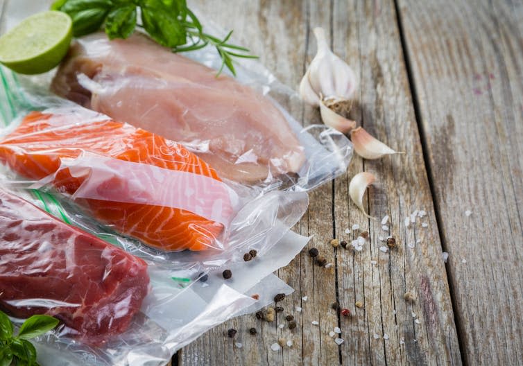 <span class="caption">Beef, chicken and salmon in vacuum plastic bags for sous vide cooking.</span> <span class="attribution"><span class="source">Oleksandra Naumenko/Shutterstock.com</span></span>