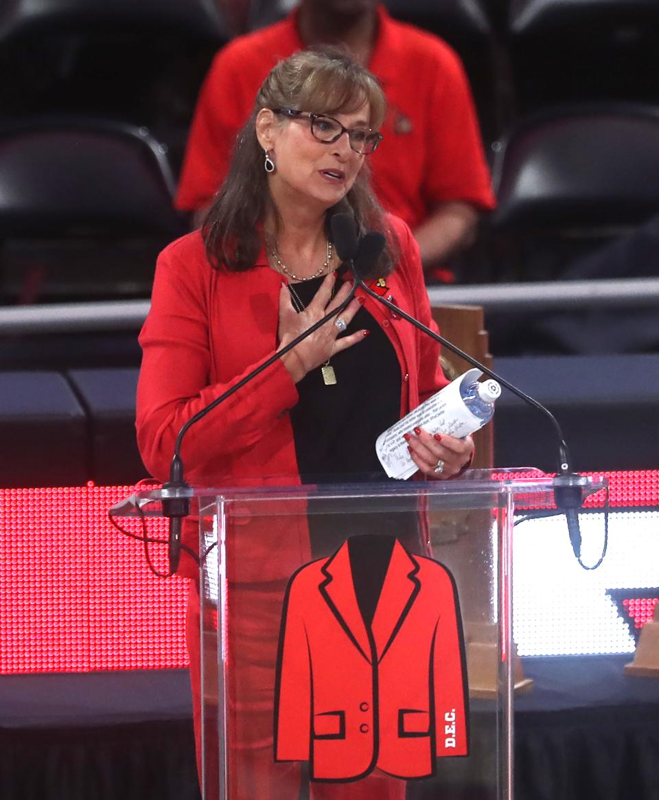 Susan Sweeney Crum spoke at the Denny Crum Celebration of Life Monday night at KFC Yum Center.May 15, 2023