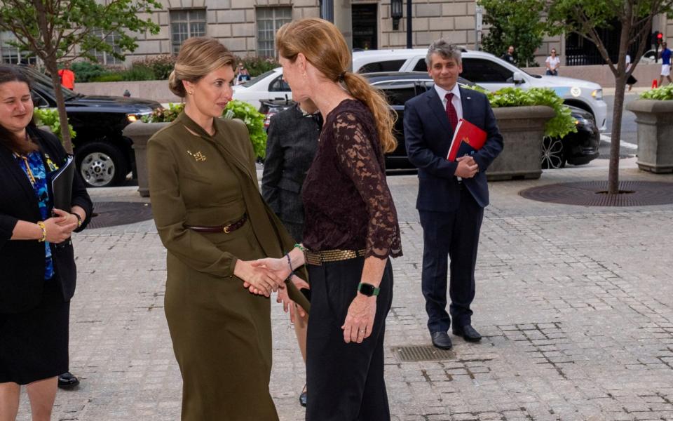 Ukraine's first lady Olena Zelenska, wife of Ukrainian President Volodymyr Zelensky, is greeted by USAID Administrator Samantha Power in Washington last month -  REUTERS/Ken Cedeno