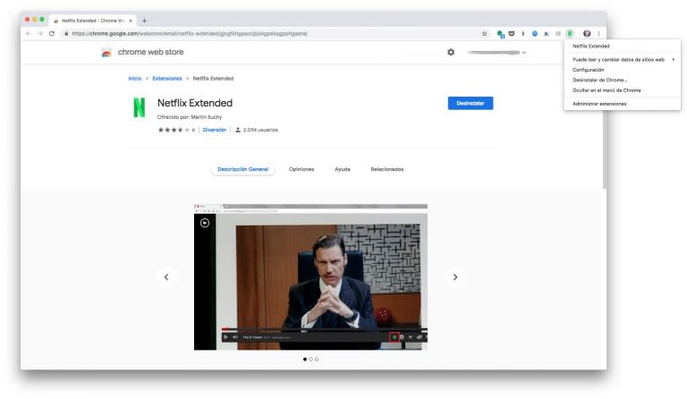 Una captura de la extensión Netflix Extended – Captura: Alexandra Guerrero