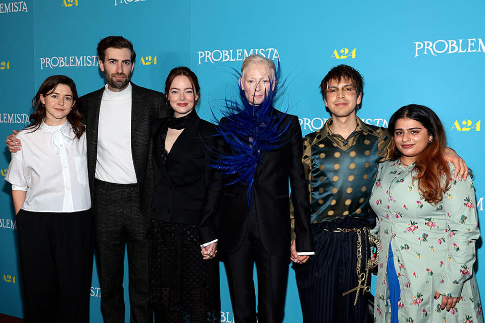 Ali Herting, Dave McCary, Emma Stone, Tilda Swinton, Julio Torres and Neha Simon attends the "Problemista" New York Screening at Village East Cinema on February 27, 2024 in New York City.