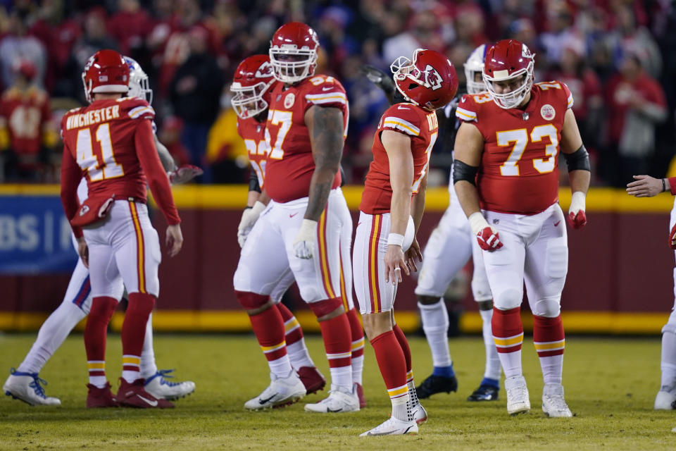 Kansas City Chiefs kicker Harrison Butker (7) reacts after missing a filed goal during the first half of an NFL divisional round playoff football game against the Buffalo Bills, Sunday, Jan. 23, 2022, in Kansas City, Mo. (AP Photo/Ed Zurga)