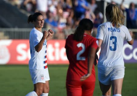 Oct 7, 2018; Cary, NC, USA; United States forward Carli Lloyd (10) celebrates a goal against Panama during the first half of a 2018 CONCACAF Women's Championship soccer match at Sahlen's Stadium. Rob Kinnan-USA TODAY Sports