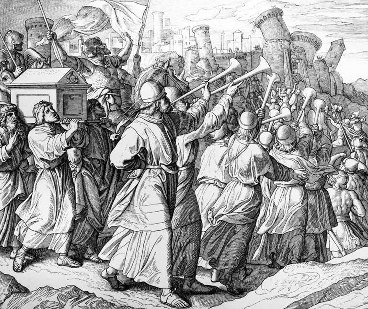 <span class="caption">Trumpeting the past? The Bible has conflicting narratives over the conquest of Canaan</span> <span class="attribution"><a class="link " href="https://commons.wikimedia.org/wiki/File:JSC_the_battle_of_Jericho.png" rel="nofollow noopener" target="_blank" data-ylk="slk:Wikimedia Commons;elm:context_link;itc:0;sec:content-canvas">Wikimedia Commons</a></span>