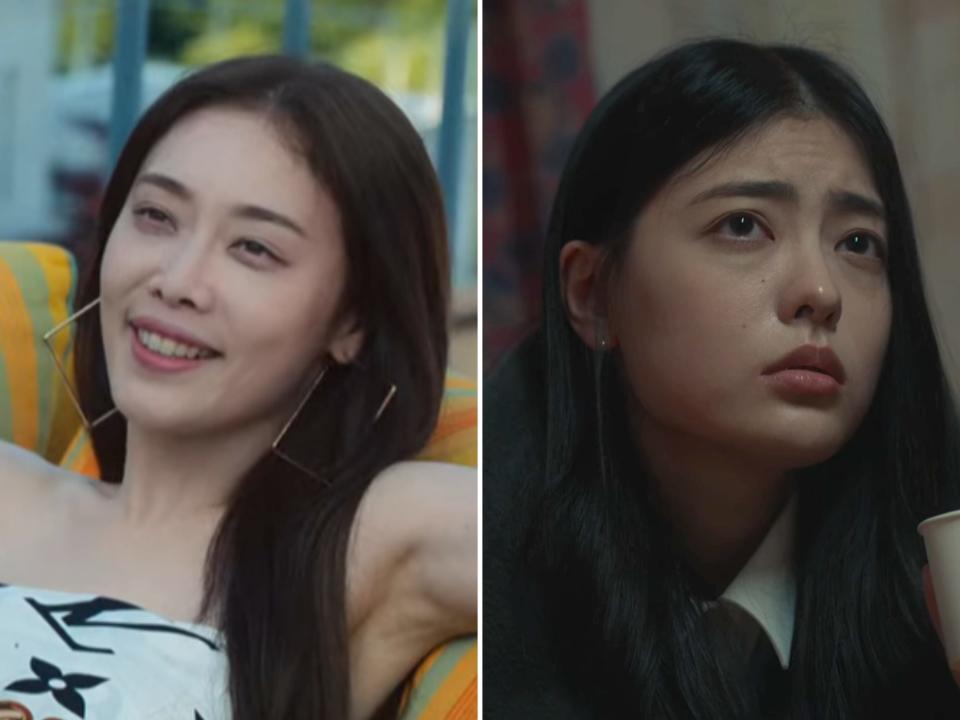 left: adult lee sa-ra in the glory, sitting easily on an outdoor couch while smiling; right: young sa-ra, looking fake concerned while looking upwards