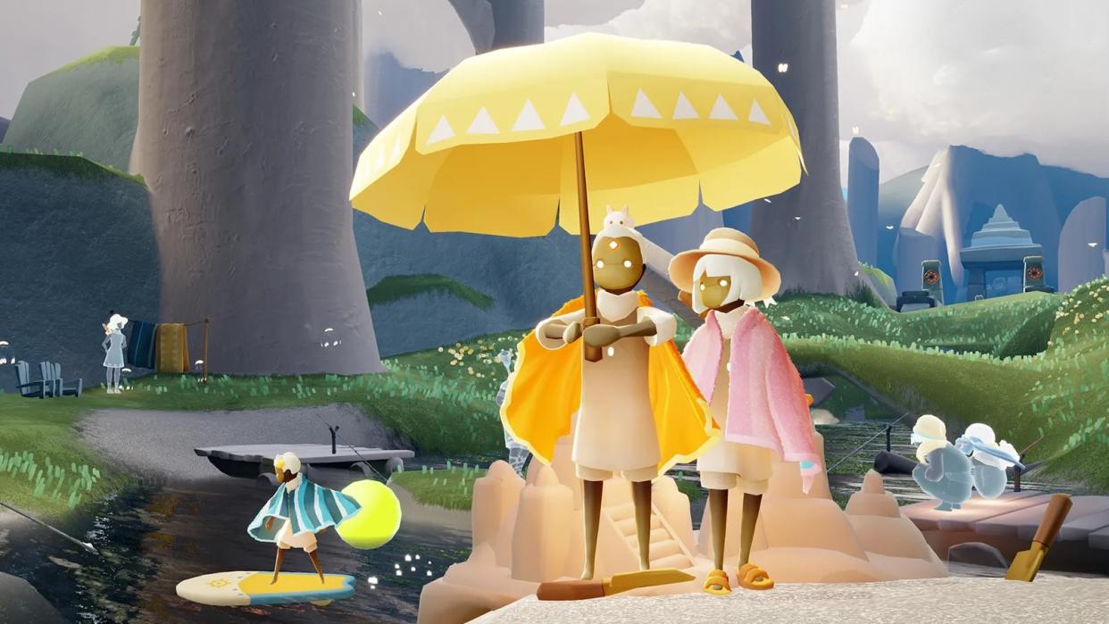  Sky: Children of the Light - two players stand together uner an umbrella at a little lake party in a forest. 