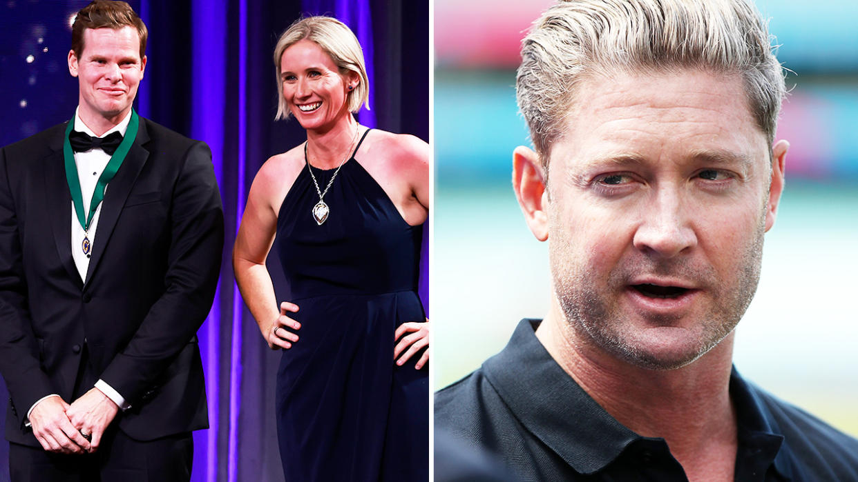 Michael Clarke, pictured here alongside Steve Smith and Beth Mooney.