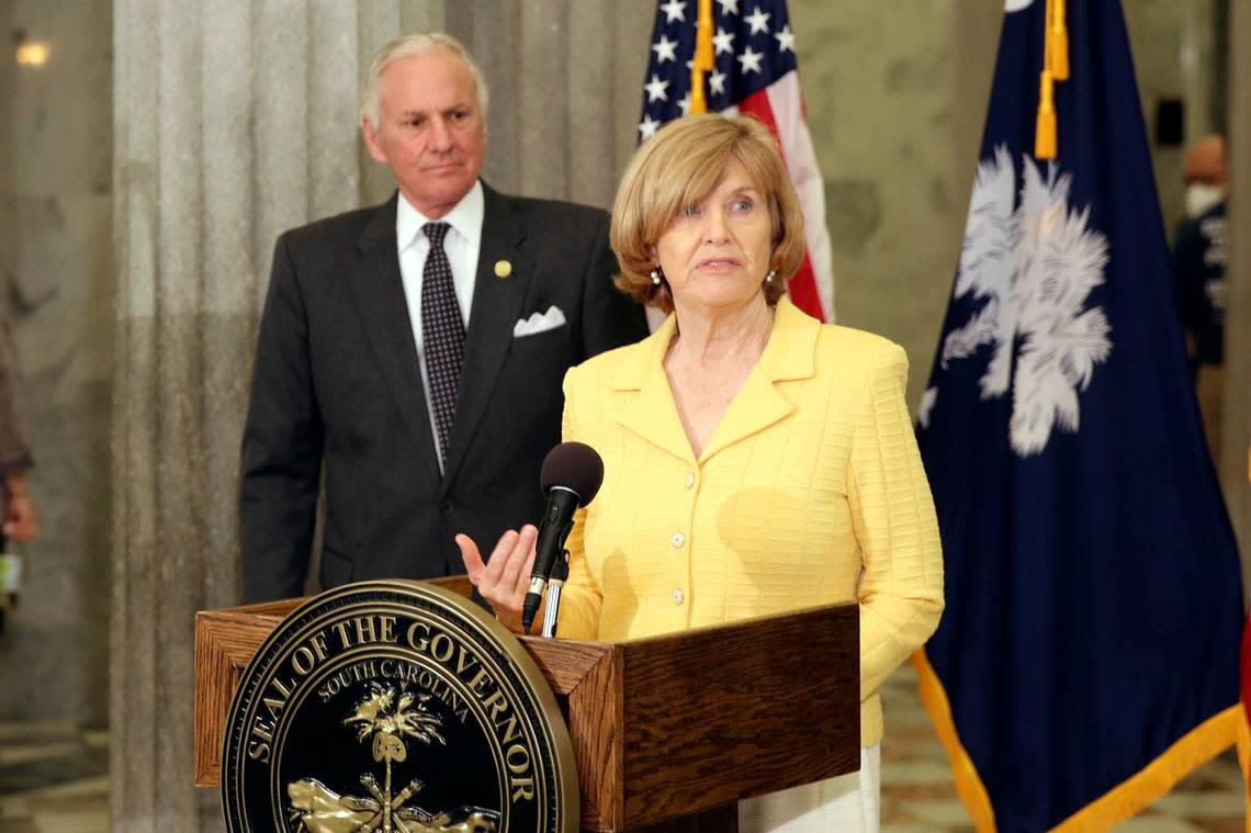 FILE - In this April 13, 2021, file photo, South Carolina Education Superintendent Molly Spearman speaks during a news conference as South Carolina Gov. Henry McMaster in Columbia, S.C. Spearman announced Wednesday, Oct. 27, 2021, that she will not run for a third term in 2022. (AP Photo/Jeffrey Collins, File)
