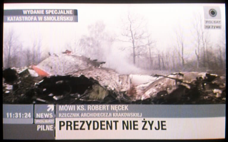 A TV grab taken off Polish Public tv chanel 2 on April 10, 2010 shows the wreckage of the Polish government Tupolev Tu-154 aircraft that crashed near Smolensk airport