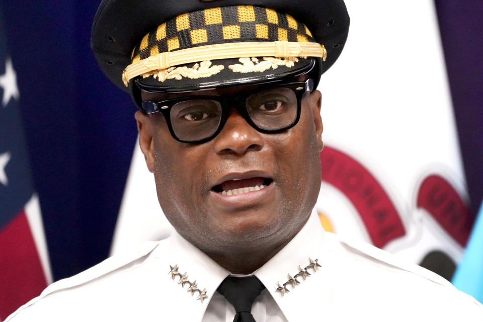 Chicago Police Superintendent David O. Brown responds to a question during a news conference Thursday, July 22, 2021, in Chicago. Brown spoke about multiple shootings Wednesday, including the drive-by shooting wounding eight people who had been riding on a party bus, just one of several fatal shootings in the city. (AP Photo/Charles Rex Arbogast)