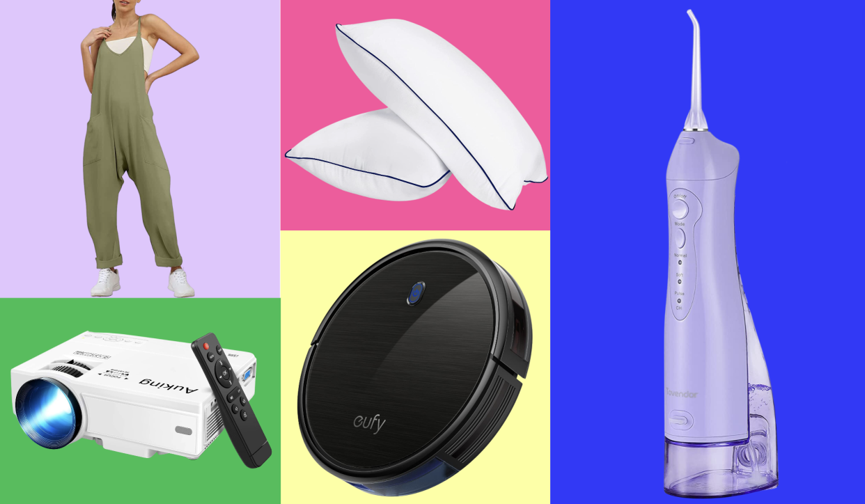 romper, pillows, water flosser, robot vacuum, projector