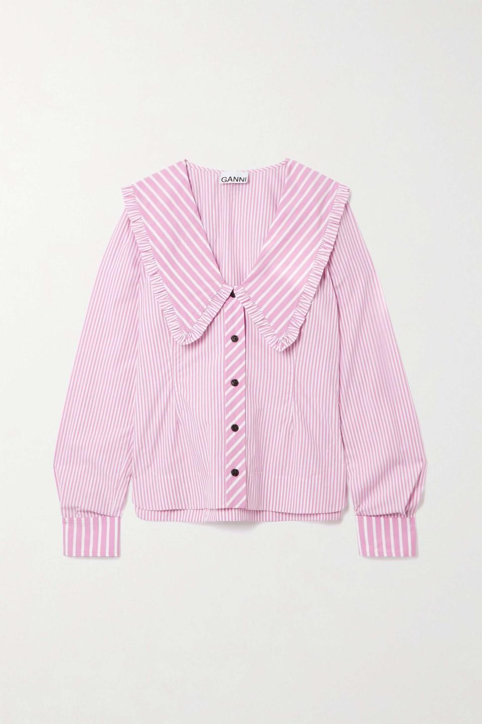 3) Ruffled Striped Organic Cotton-Poplin Blouse