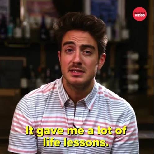 Man in a striped shirt with text overlay: "It gave me a lot of life lessons." BuzzFeed Video logo in the top right corner