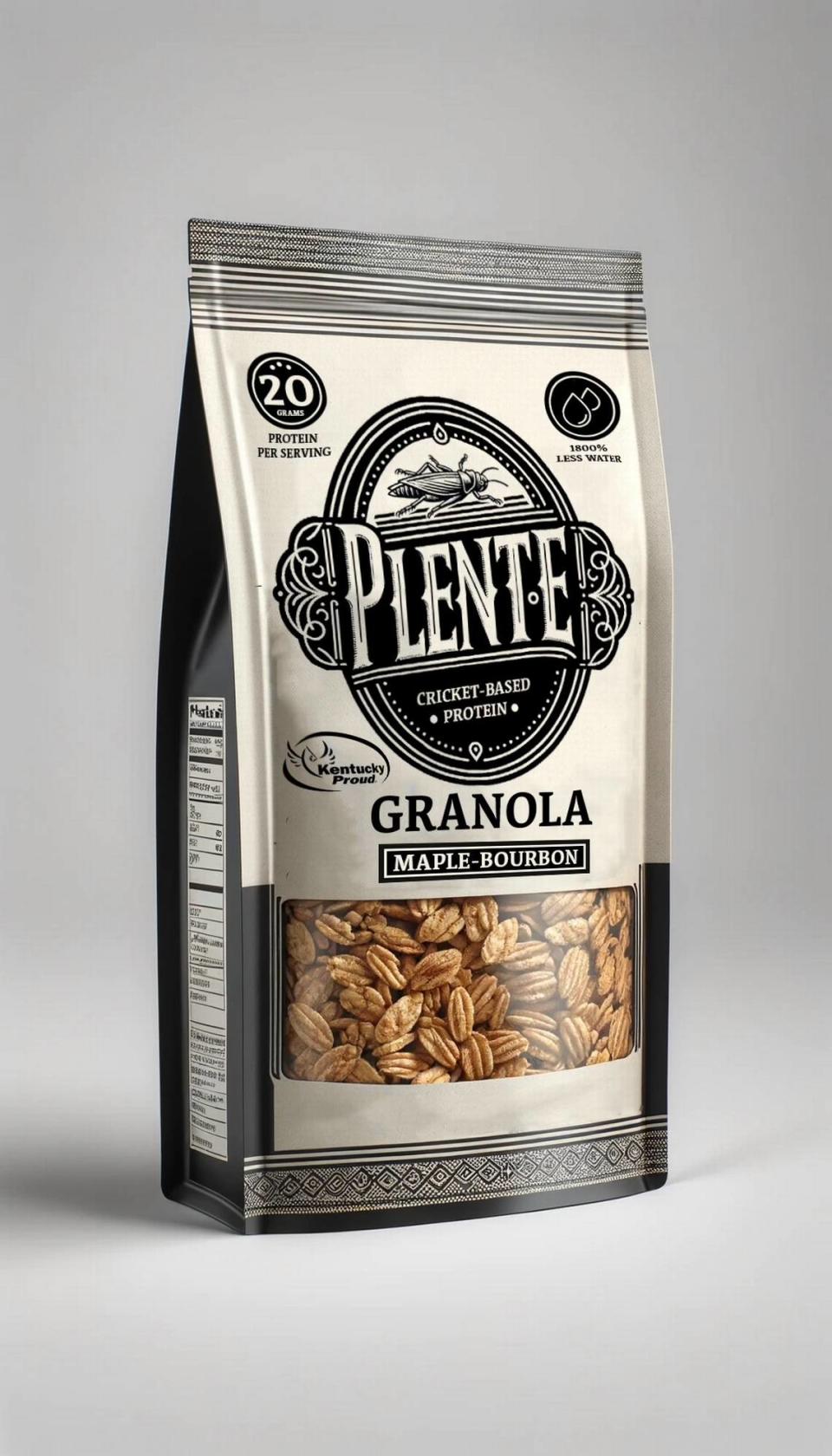 A mock-up of a bag of Plente cricket granola from Bluegrass Crickets.