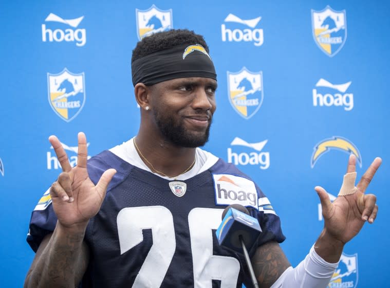 COSTA MESA, CALIF. -- THURSDAY, JULY 25, 2019: Chargers corner back Casey Hayward Jr. speaks to the media as the Chargers conduct their first training camp practice of 2019 at the Jack Hammett Sports Complex in Costa Mesa, Calif., on July 25, 2019. (Allen J. Schaben / Los Angeles Times)