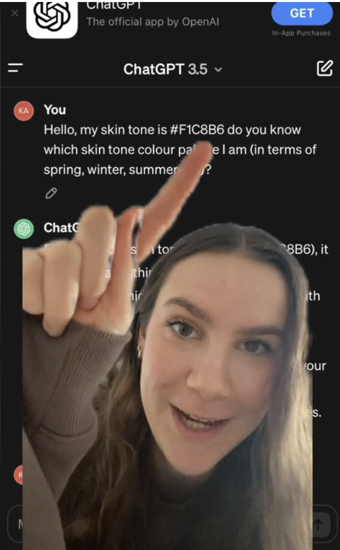 A woman is discussing skin tone palettes on a Zoom-like call. Text on screen reads: "Hello, my skin tone is #F1C8B6. Do you know which skin tone colour palette I am (spring, winter, summer)?"