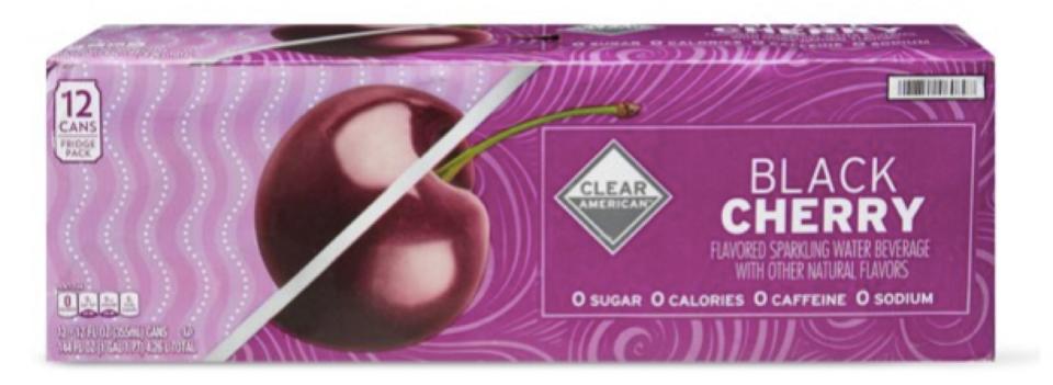 12-pack carton of Black Cherry sparkling water cans with pink design on carton.