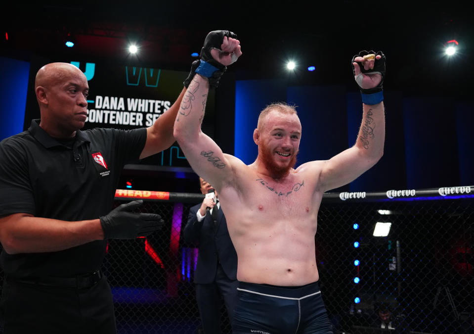LAS VEGAS, NEVADA – SEPTEMBER 05: Dylan Budka reacts after his victory over Chad Hanekom of <a class="link " href="https://sports.yahoo.com/soccer/teams/south-africa-women/" data-i13n="sec:content-canvas;subsec:anchor_text;elm:context_link" data-ylk="slk:South Africa;sec:content-canvas;subsec:anchor_text;elm:context_link;itc:0">South Africa</a> in a middleweight fight during Dana White’s Contender Series season seven, week five at UFC APEX on September 05, 2023 in Las Vegas, Nevada. (Photo by Cooper Neill/Zuffa LLC via Getty Images)
