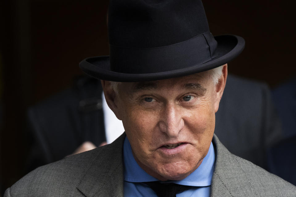 FILE - In this Nov. 12, 2019, file photo Roger Stone leaves federal court in Washington. A federal prosecutor is prepared to tell Congress on Wednesday, June 24, 2020, that Stone, a close ally of President Donald Trump, was given special treatment ahead of his sentencing because of his relationship with the president. (AP Photo/Manuel Balce Ceneta, File)