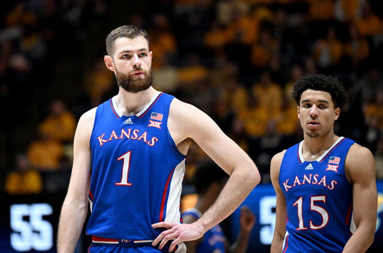 Hunter Dickinson has had a huge impact since transferring from Michigan to Kansas, averaging 18.2 points and 11 rebounds a game this season. (Photo by G Fiume/Getty Images)