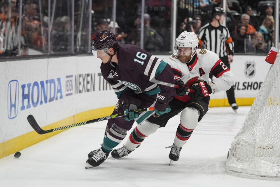 Ottawa Senators' Claude Giroux (28) pressures Anaheim Ducks' Ryan Strome (16) during the second period of an NHL hockey game Wednesday, March 6, 2024, in Anaheim, Calif. (AP Photo/Jae C. Hong)