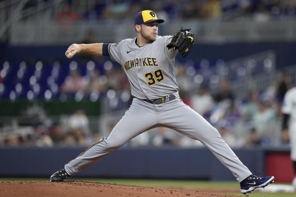 Milwaukee Brewers' Corbin Burnes delivers a pitch during the first inning of a baseball game against the Miami Marlins, Friday, Sept. 22, 2023, in Miami. (AP Photo/Wilfredo Lee)