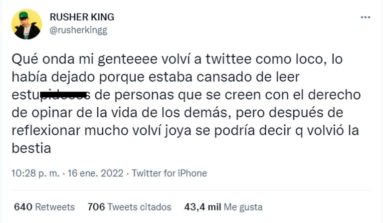 Rusherking anunció que regresa a Twitter