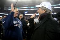 <p>Head coach Bill Belichick of the New England Patriots (L) celebrates with Jon Bon Jovi after the Patriots defeated the Steelers 36-17 to win the AFC Championship Game at Gillette Stadium on January 22, 2017 in Foxboro, Massachusetts. (Photo by Patrick Smith/Getty Images) </p>