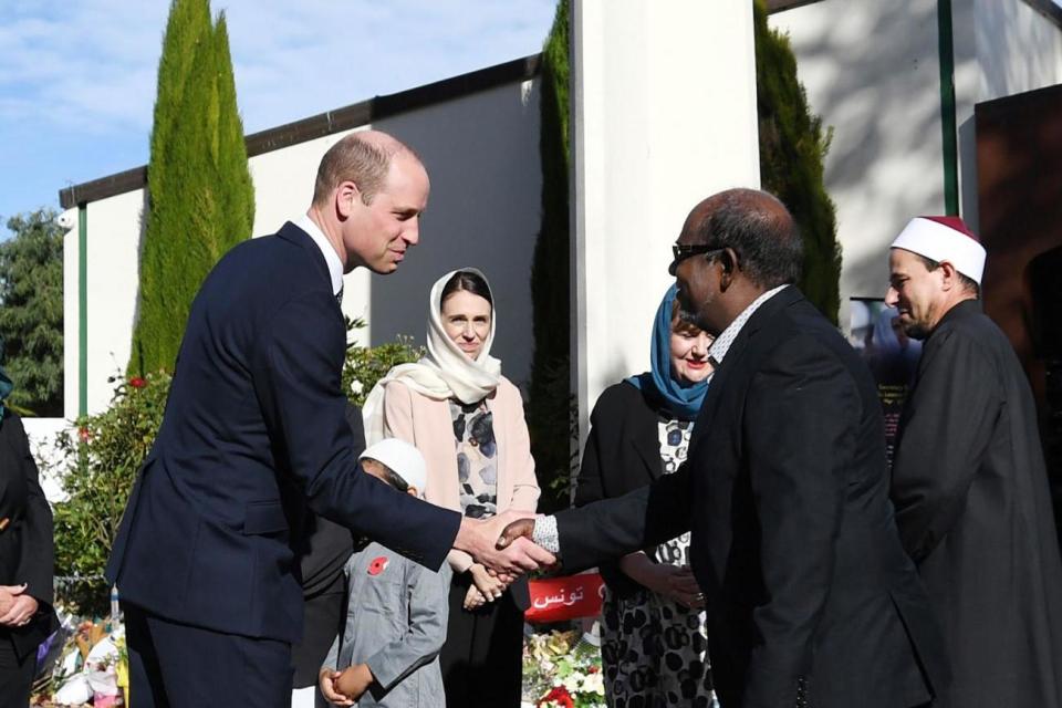 Prince William (left) and New Zealand Prime Minister Jacinda Ardern (centre) meet with members of the Muslim community at the Al Noor mosque in Christchurch (AFP/Getty Images)