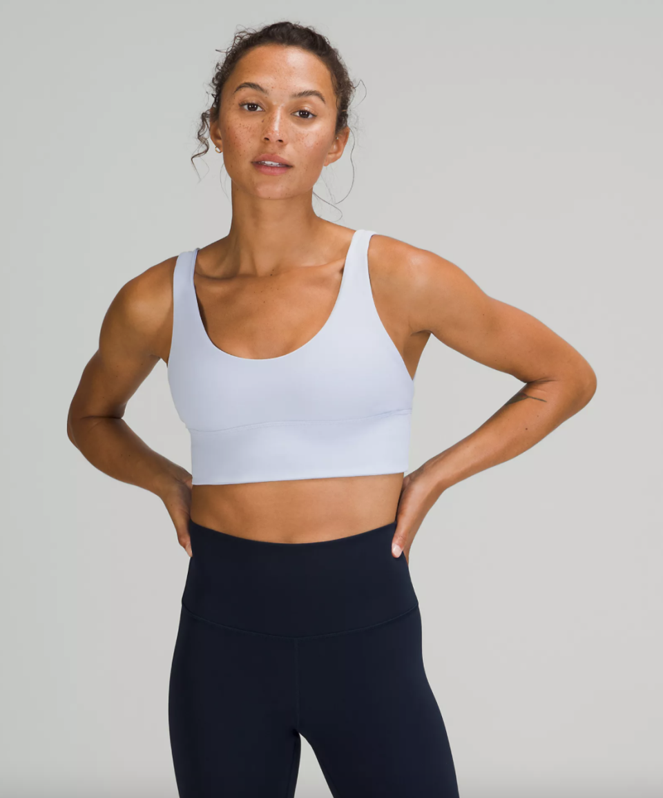 lululemon Align Reversible Bra in light blue with black leggings