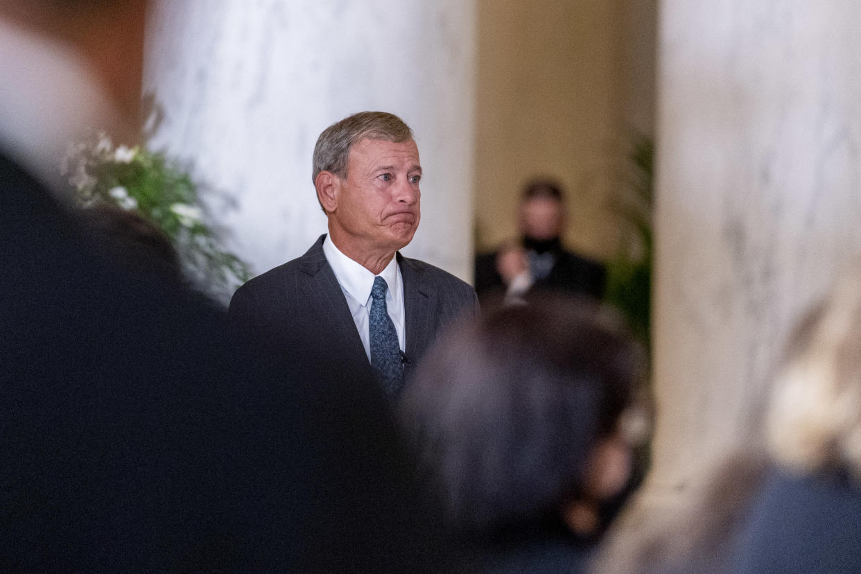 U.S. Supreme Court Chief John Roberts reacts after speaking during a private ceremony for Associate Justice Ruth Bader Ginsburg at the U.S. Supreme Court, on September 23, 2020 in Washington, DC. (Andrew Harnik-Pool/Getty Images)