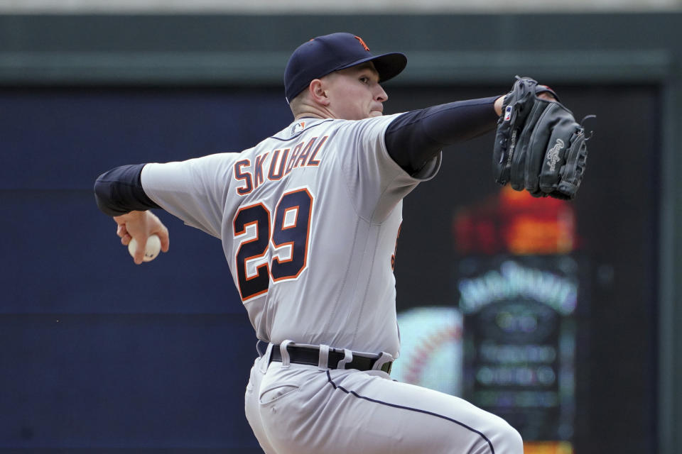 Detroit Tigers pitcher Tarik Skubal throws against the Minnesota Twins in the first inning of a baseball game, Thursday, April 28, 2022, in Minneapolis. (AP Photo/Jim Mone)