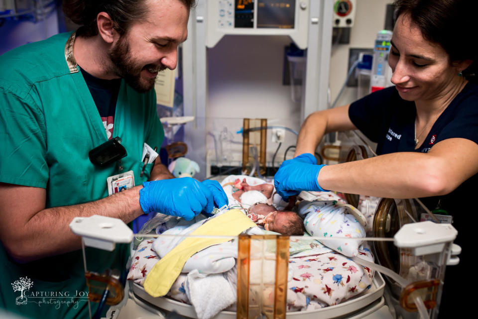 "This tiny baby was born via C-section at 25 weeks, and cared for diligently by her amazing team of nurses. You can tell they love their job!"