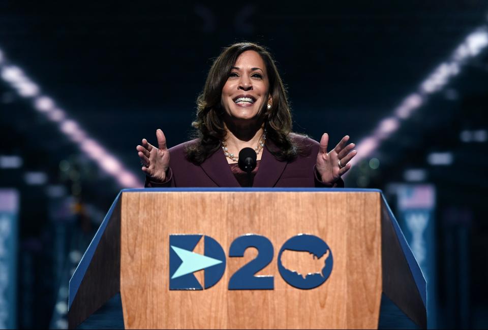 Senator from California and Democratic vice presidential nominee Kamala Harris speaks during the third day of the Democratic National Convention, being held virtually amid the novel coronavirus pandemic, at the Chase Center in Wilmington, Delaware on August 19, 2020. (Olivier Douliery/AFP via Getty Images)