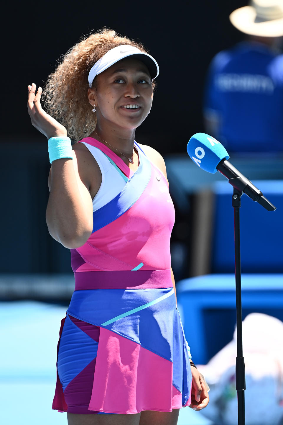 Naomi Osaka (pictured) thanks the crowd during an interview at the Australian Open. 