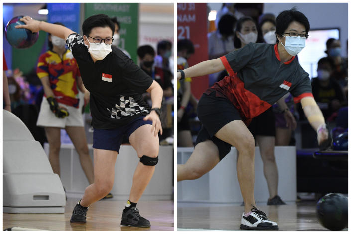 Singapore bowlers New Hui Fen (left) and Cherie Tan winning the women&#39;s doubles event at the Hanoi SEA Games. (PHOTO: Sport Singapore/Alfie Lee)