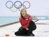 Skip Erika Brown of the U.S. reacts during their women's curling round robin game against Canada in the Ice Cube Curling Centre at the Sochi 2014 Winter Olympic Games February 16, 2014. REUTERS/Ints Kalnins (RUSSIA - Tags: SPORT OLYMPICS SPORT CURLING)