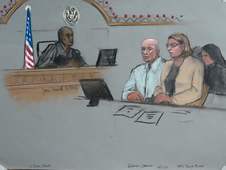 Former Anglo Irish Bank CEO David Drumm sits with his attorney Tracy Miner in federal court in Boston, Massachusetts, October 13, 2015, in this sketch provided by Jane Collins. REUTERS/Jane Collins