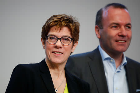 CDU party leader Annegret Kramp-Karrenbauer and Manfred Weber, member of the Christian Social Union party, CSU, and top candidate of the European People's Party (EPP) for the European elections attend a strategy meeting of Germany's governing Christian Democratic Union (CDU) party in Potsdam, Germany, January 14, 2019. REUTERS/Axel Schmidt