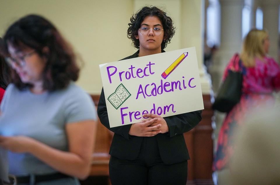 Corinne Floyd joins fellow University of Texas students at the Capitol in March to oppose legislation to ban diversity, equity and inclusion programs in colleges and universities. The Legislature later passed Senate Bill 17, which sharply limits universities' DEI efforts.