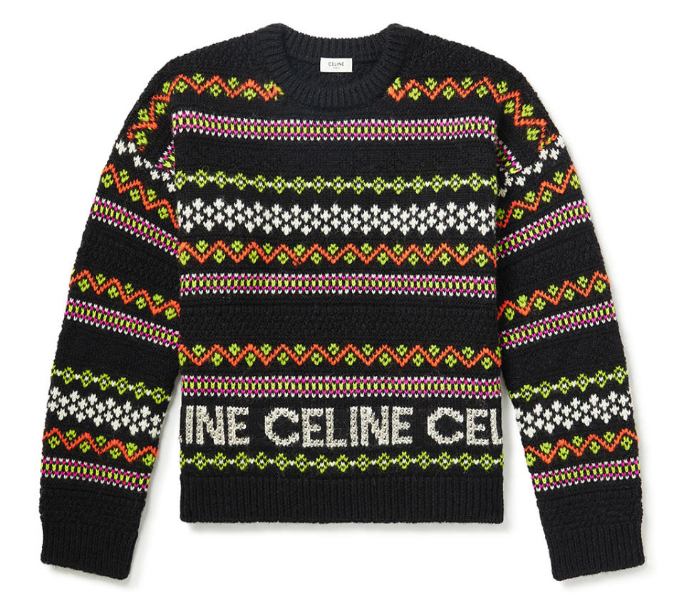 A wool fair isle knitted sweater with embellished Celine logo in studs - Credit: Courtesy of Mr Porter