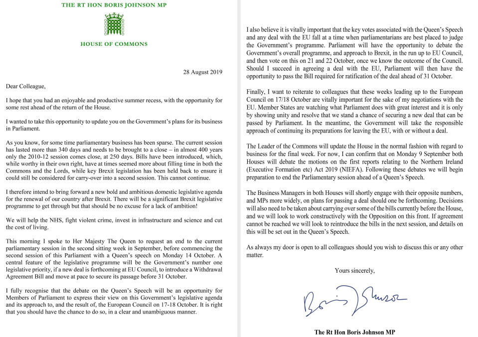 A letter written by Prime Minister Boris Johnson to MPs outlining his Government's plans (Picture: PA)