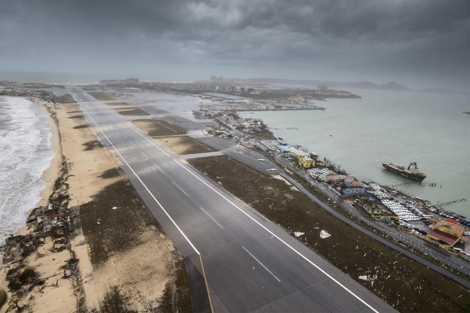 <p>This Sept. 6, 2017 photo provided by the Dutch Defense Ministry shows storm damage in the aftermath of Hurricane Irma, in St. Maarten. Irma cut a path of devastation across the northern Caribbean, leaving thousands homeless after destroying buildings and uprooting trees, Sept. 6, 2017. (Photo: Gerben Van Es/Dutch Defense Ministry via AP) </p>