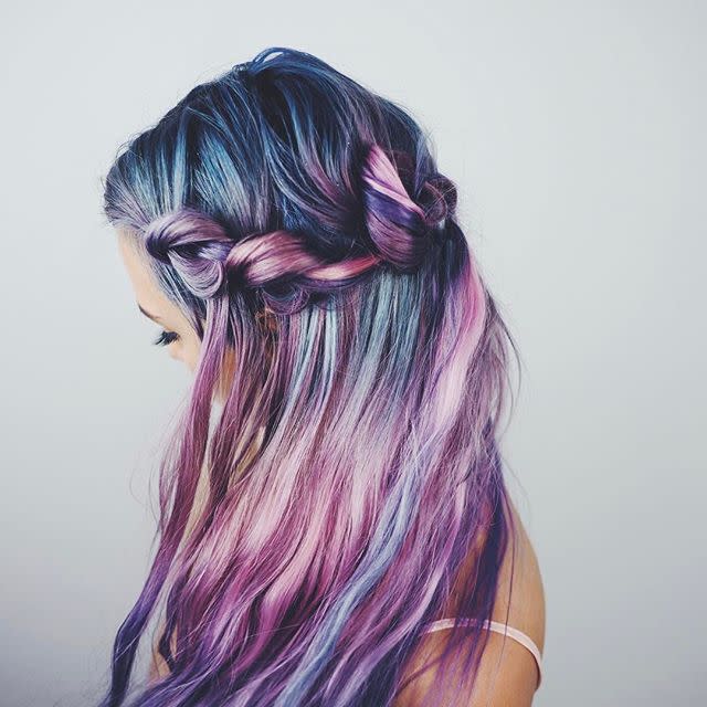 <p>Knots instead of a traditional braid on a very untraditional hair color. </p>