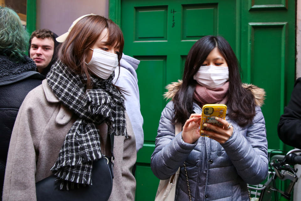  Women are seen in central London wearing protective face masks as they take precaution against Coronavirus. 73 tests for Coronavirus that was conducted in the UK and all the results came back negative. (Photo by Steve Taylor / SOPA Images/Sipa USA) 