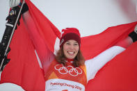 <p>Gold medal winner Michelle Gisin #1 from Switzerland during presentations after the Alpine Skiing – Ladies’ Alpine Combined Slalom at Jeongseon Alpine Centre on February 22, 2018 in PyeongChang, South Korea. (Photo by Tim Clayton/Corbis via Getty Images) </p>