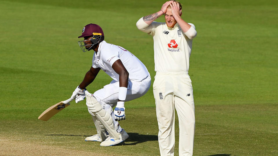 Ben Stokes, pictured here reacting as Jason Holder takes a run in the first Test.